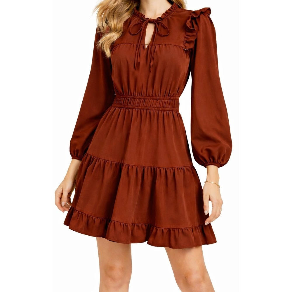 Willa‎ Story Womens M Rust Brown Ruffle Sleeve Tiered Skirt Dress